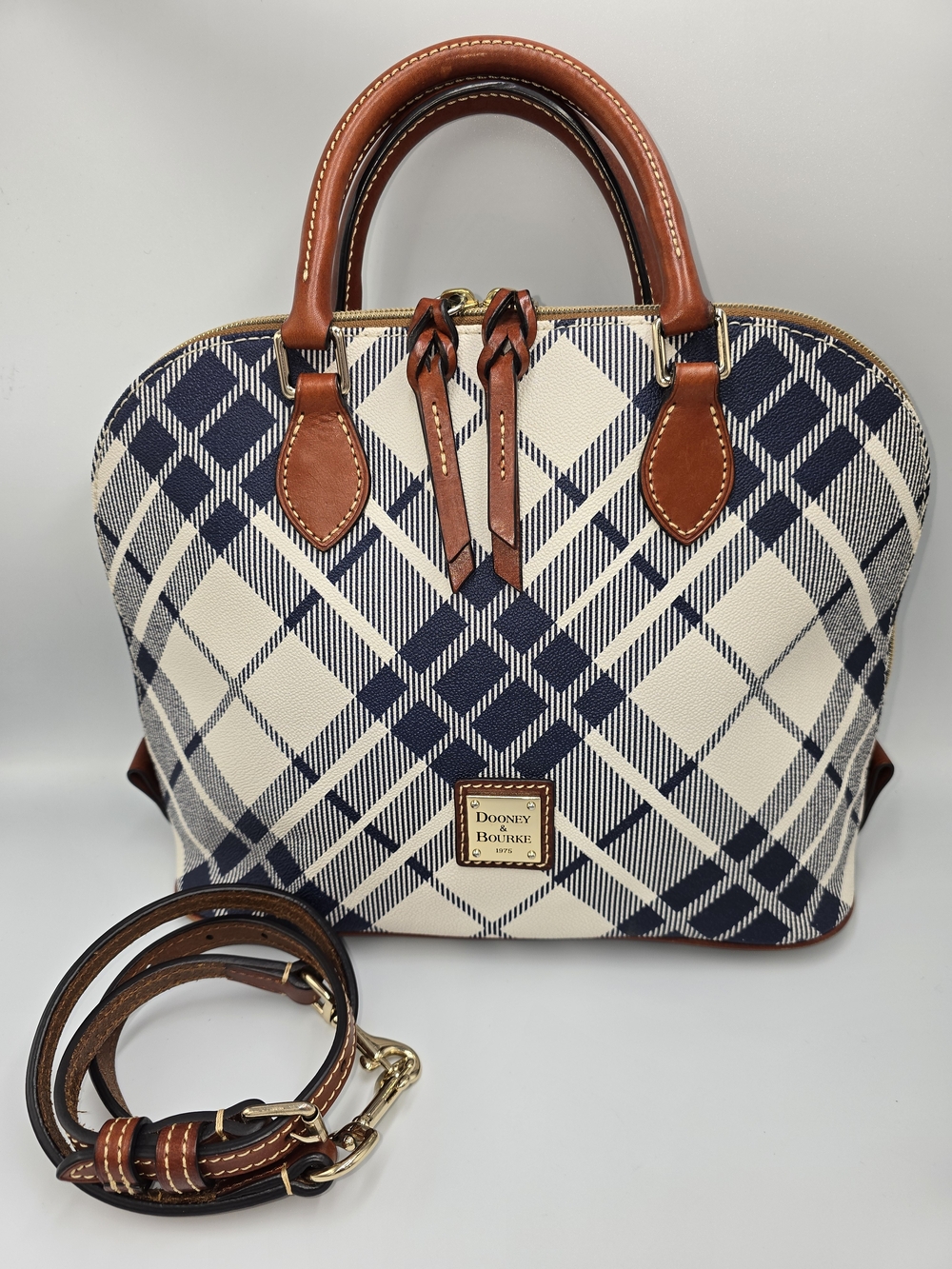 DOONEY & BOURKE Navy Blue & Cream Plaid Zip Zip Satchel Brown Trim Shoulder Strp